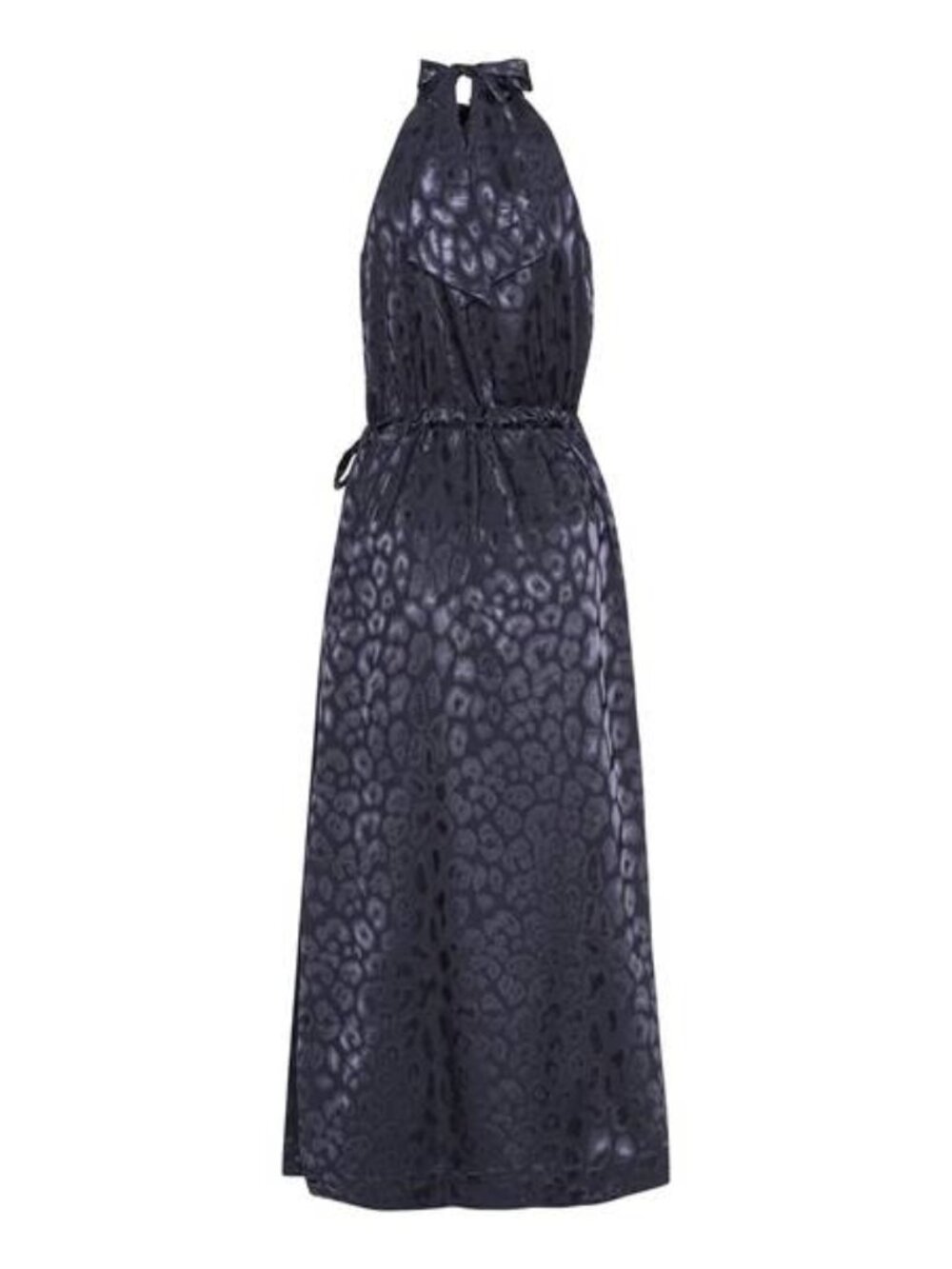Karmamia Layla Halter Midi Dress Navy Leopard Jacquard Tie Waist Size S/M